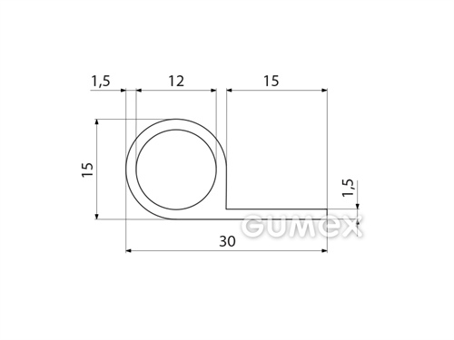 Silikonový profil tvaru "P" s dutinkou, 30x15/1,5mm, 60°ShA, -60°C/+180°C, bílý